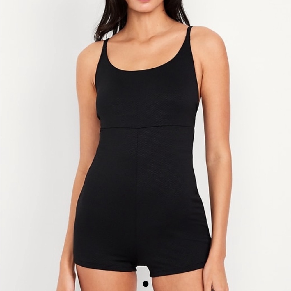 Black Textured Sleeveless Romper Swimsuit